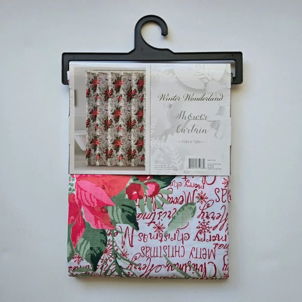 Merry Christmas Shower Curtain 70 x 72 Poinsettias Winter Wonderland